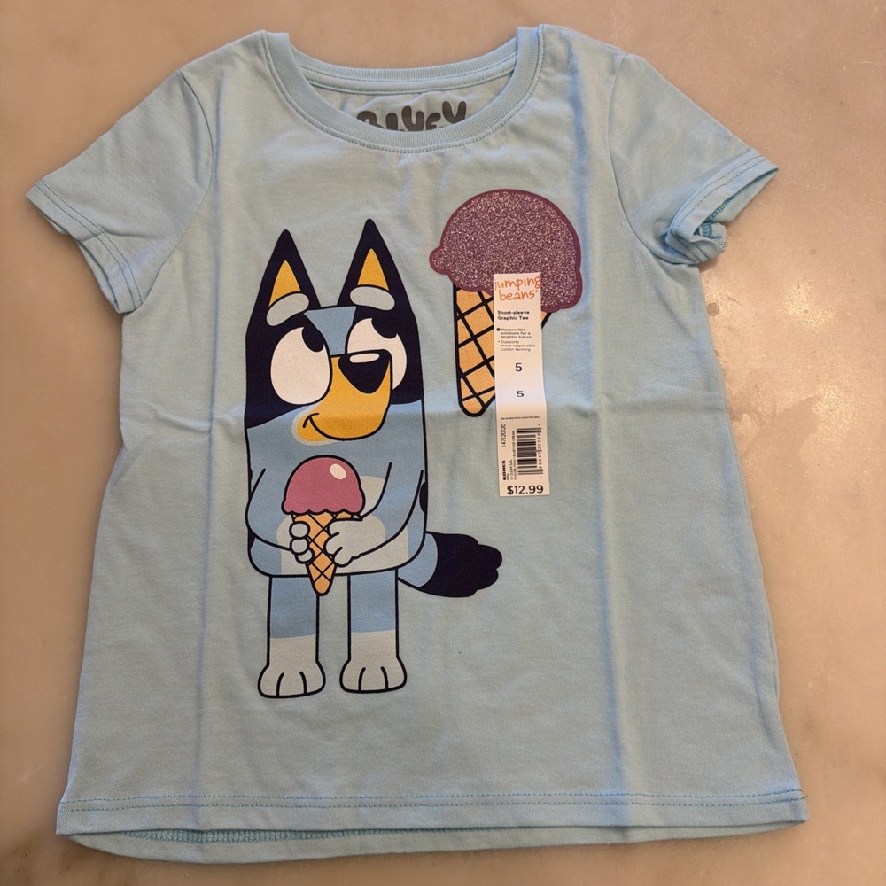 Jumping Beans Girls T-Shirt Size 5 Bluey Ice Cream Glitter Sparkle New with Tags